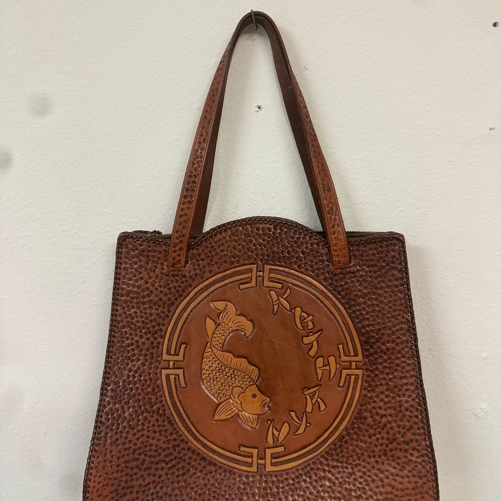 Brown Leather Tote Bag with Fish Design